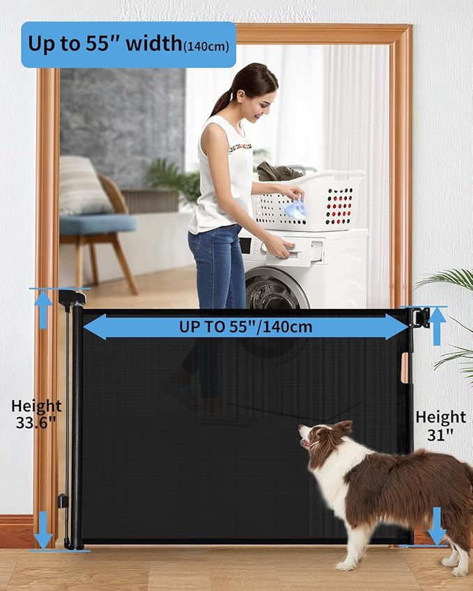 (2 Pack) Retractable Baby Gate for Doorways and Stairs, Mesh Safety Gate for Pet, Indoor & Outdoor Use, One-Hand Operation, Easy Installation, 33.6" Tall, Expands to 55" Wide（Black,33.6"x55"