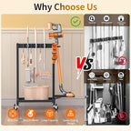 Cleaning Supplies Organizer with Broom Holder Load 150 LBS Cleaning Cart with Wheels Broom Closet Storage with 6 Mop Hanger Grippers, 3 Double-Hooks, Vacuum Stand for Laundry Room Organization, Black