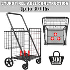 Foldable Shopping Cart with Waterproof Bag, 360° Swivel Wheels & Double Basket, 300lbs Capacity for Groceries, Heavy Duty Utility Grocery Carts for Shopping, Laundry, Camping, Luggage