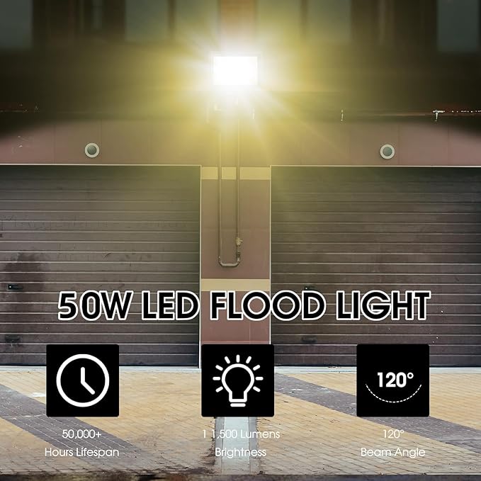 2 Pack 50W Warm White Led Flood Lights Outdoor,3000K Super Bright 7500LM Security Lights with Plug,Exterior IP66 Waterproof FloodLight for Basketball Court, Yard, Garden, Playground