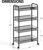 4-Tier Metal Utility Cart, Mesh Wire Rolling Cart on Wheels, Storage Trolley with Easy Assembly, Organizer Craft Cart 3 Hooks, Mobile Shelving Unit for Bathroom, Laundry Room, Home