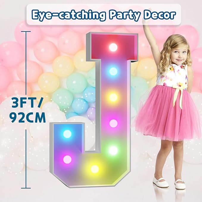 imprsv 3FT Colorful Marquee Letters J, 18 Colors Large Light up Letters Alphabet Sign with Remote, Big Marry Me Sign, Birthday Party Decorations Anniversary Wedding Decoration