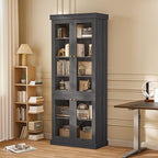 70.8" Tall Farmhouse Bookshelf, Modular Bookcase with Glass Doors, 6-Tier Adjustable Shelves, Large Storage Cabinet for Kitchen, Living Room, Black, Set of 2