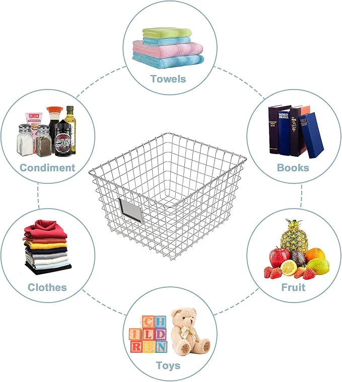 【Extra Large】 Wire Handmade Basket 4 Packs, Kitchen Bathroom Storage, Household Goods Storage, Wardrobe Basket,Silver