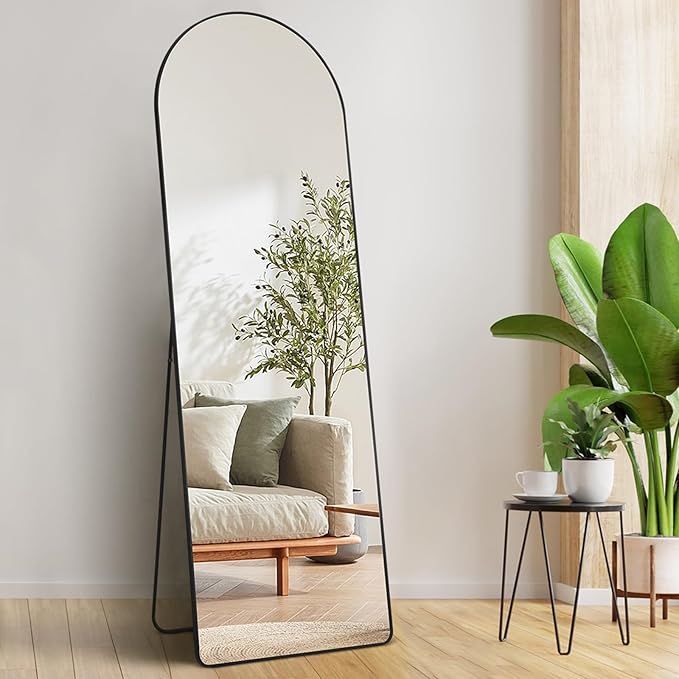 VEVOR Arched Full Length Mirror, 65'' x 22'', Large Free Standing Leaning Hanging Wall Mounted Floor Mirror with Stand Aluminum Alloy Frame, Full Body Dressing Mirror for Living Room Bedroom, Black