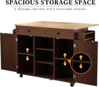HLR Kitchen Island On Wheels, Brown Rolling Kitchen Island Cart with Solid Wood Drop Leaf Breakfast Bar, Barn Door Kitchen Islands with Storage Cabinet and Tower Rack, Island Table for Kitchen