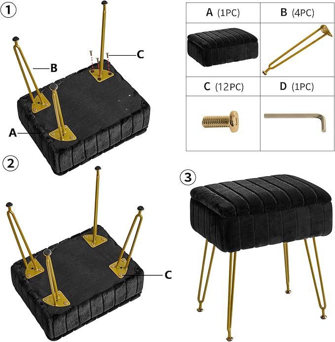 IBUYKE Stool Chair with Storage Space, Footrest Footstool Ottoman, Small Side Table, with 4 Metal Legs, with Anti-Slip Feet, for Makeup Room, Bedroom, Black, Faux Fur LG-50B