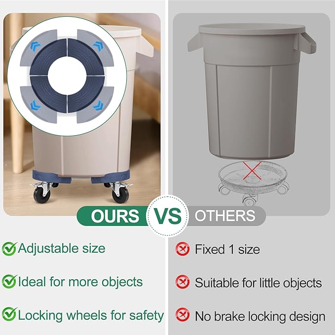 ToLanbbt Trash Can Dollies with 3 in Upgraded Wheels, 15-19 Inch Adjustable Round Furniture Dollies Heavy Duty 480 LBS Drum Rolling Base Keg Base for 20, 32, 44, 55 Gallon Garbage Cans, Blue, 2 PCS