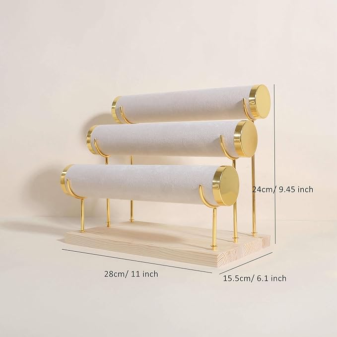 GemeShou Velvet Bangle storage oragenizer for selling, Beige bracelet storage rack for boutique store, Velvet wrap watch holder with wooden base for women girls【Bracelet holder-three tiers】