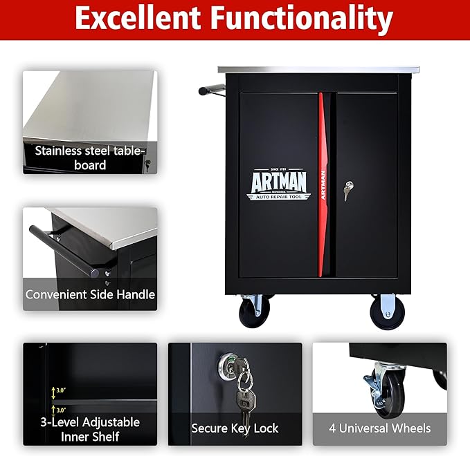 Double-Door Heavy-Duty Rolling Steel Tool Cart with Handle&Wheels, Metal Storage Organizer Cabinet, Tool Chest for Efficient Tool Storage in Garage, Warehouse, Workshop, Repair Shop, Black&RED