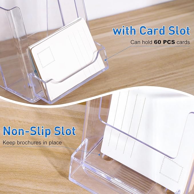 4x9 Acrylic Brochure Holder with Business Card Holder, Clear Display Stand, Plastic Table stand Sign Holder, Pamphlet Holder Flyer Holder, Acrylic Display Stand for Office, Home, Store, 4 Pack