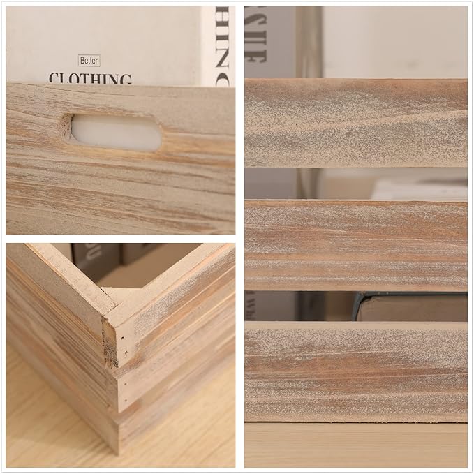 Large Size Wood Crates for Storage, Decorative Vintage Walnut Wooden Boxes for Display, Handmade Solid Wood Set of 3 Rustic Crates (Walnut)