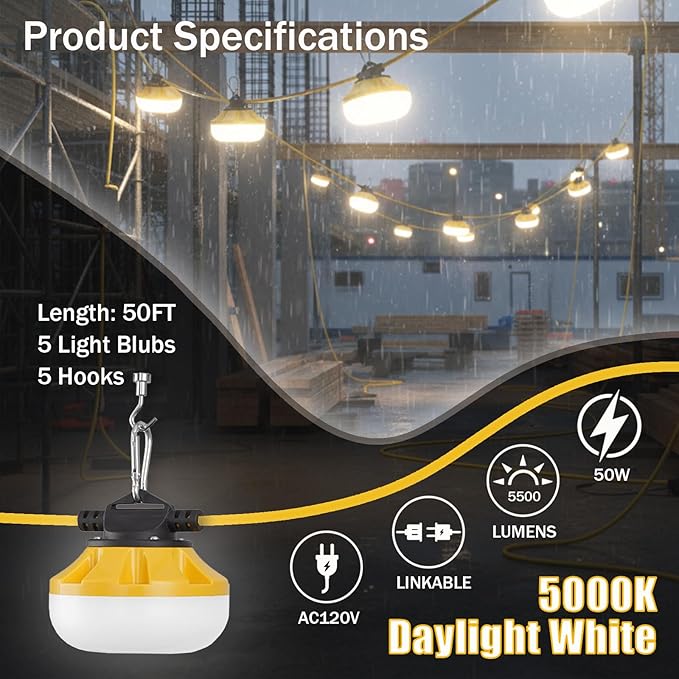 50FT LED Construction String Lights, 5 Bulbs Waterproof Linkable Industrial String Work Lights & Hooks, 5000K Daylight Temporary Lighting for Jobsite Attic Cralspace