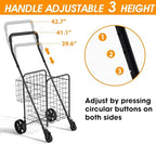 siffler Shopping Cart for Groceries, Height Adjustable Folding Utility Cart with Double Baskets, Extended Foam Cover 360° Swivel Wheels Trolley for Groceries, Laundry, Travel (Medium)