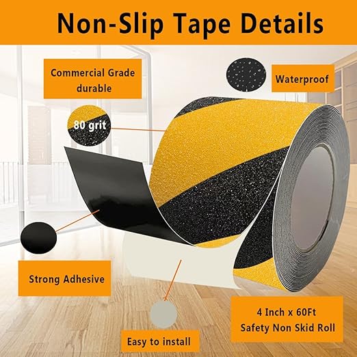 Anti Slip Grip Tape for Stairs 4Inch x 60Ft Non-Slip Strips Non Skid Safety Tape for Outdoor/Indoor Steps, Stairs, Traction Tread Staircases, Boats (Black/Yellow)