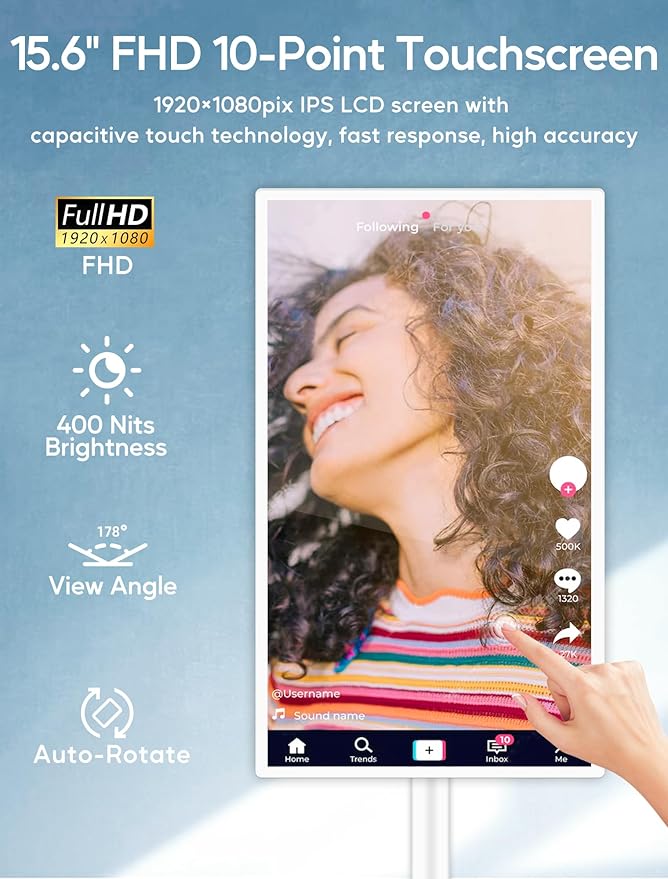 15.6" Digital Signage with 10000mAh Battery, Capacitive Touchscreen Advertising Display, Adjustable Stand, Android 11 Commercial LCD Monitor with Auto Play, Wireless Screen Mirroring, 4+64GB, White