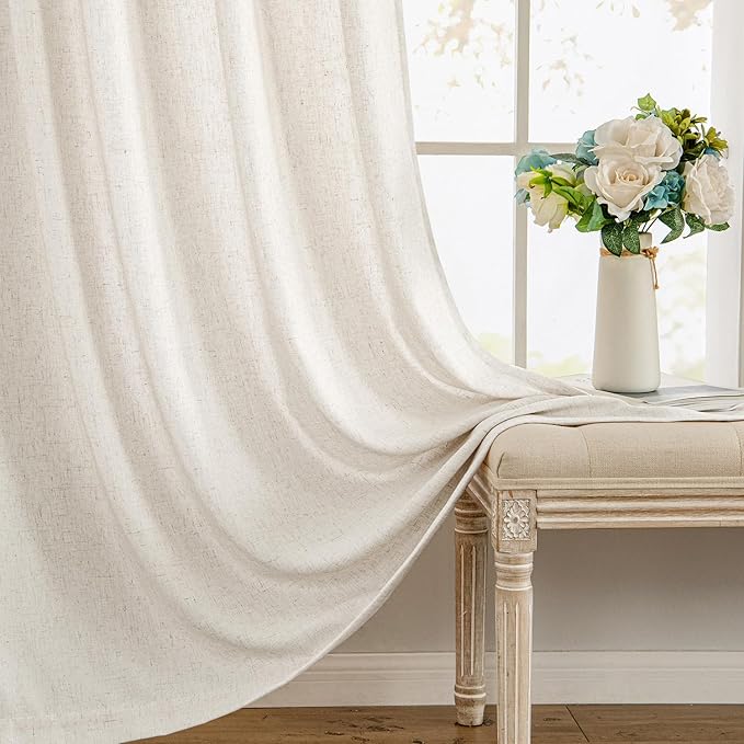 MIULEE Non-See-Through Privacy Linen Curtains 2 Panels, Light Filtering Window Curtains Farmhouse Textured Back Tab Semi Sheer Drapes for Bedroom Living Room, 52 x 102 Inches Long, Natural White
