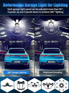 TANBABY 260W LED Garage Lights 2 Pack, Total 52000LM Deformable Ceiling Light with 8+1 Adjustable Panels, E26/E27 Screw-in Bulbs for Basement & Attic, Gift for Men
