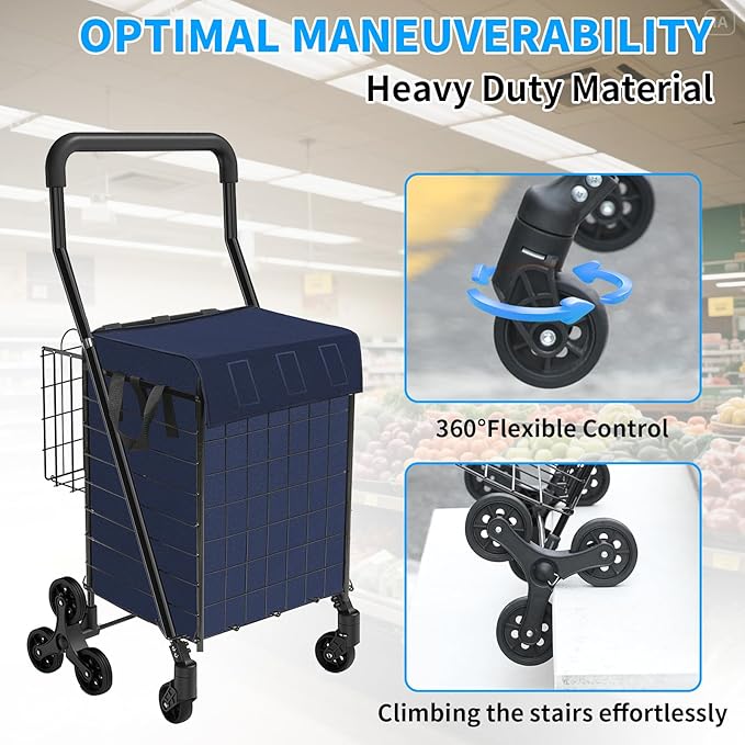 Folding Shopping Cart with Waterproof Liner, Heavy-Duty Stair-Climbing Grocery Cart with 360° Swivel Wheels - Extended Foam Handle - Utility Trolley for Laundry, Travel, Shopping (Blue)