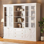 Vyre 71" Tall Modular Farmhouse Bookcase with Glass Doors & Drawers, Set of 3 – Large Storage Cabinet with Adjustable Shelves for Living Room or Kitchen, White