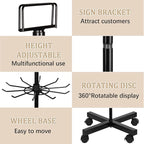 5-Tier Metal Spinning Display Stand Rack with Wheels, Black Iron, 50 Hooks, Lockable Wheels, Ideal for Jewelry, Accessories, Foods
