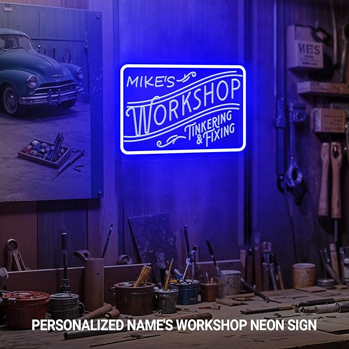 Personalized Workshop Neon Sign, Custom Name LED Garage Neon Light, Customizable Garage Light Up Sign for Man Cave, Garage, Handcrafted Workshop Decor, Gift for Dad, Husband, Craftsman