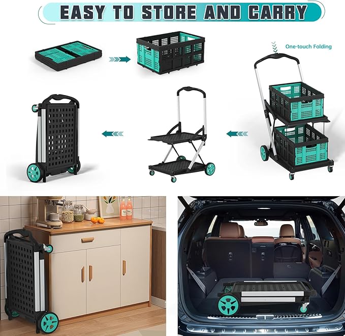 Collapsible Shopping Cart, Foldable Shopping Cart with 2 Storage Crates, 350 LBS Capacity 2-Tier Multi Use Heavy Duty Adjustable Grocery Carts for Supermarket, Office and Outdoor