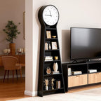 Ryoko Floor Clock Bookshelf, 5-Tier Storage Cabinet with Large Silent Quartz Clock, Grandfather Wood Clock,Simple Modern Nordic Solid Wood Bookcase Display Shelf for Living Room, Bedroom, Home Office