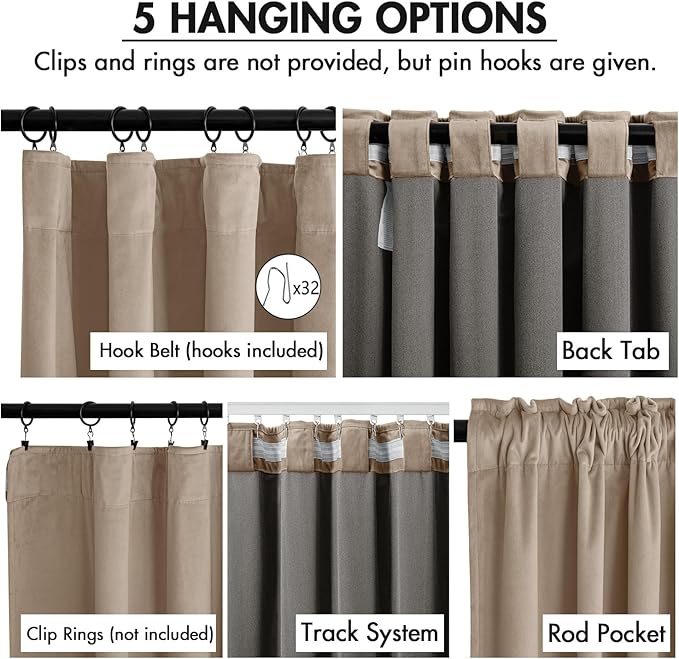 MIULEE Velvet Curtains 108 Inch Length 2 Panels Set for Bedroom, Pinch Pleat Back Tab Luxury Thermal Insulated Living Room Darkening Pleated Blackout Extra Long Window Curtain with Hooks, Camel Beige