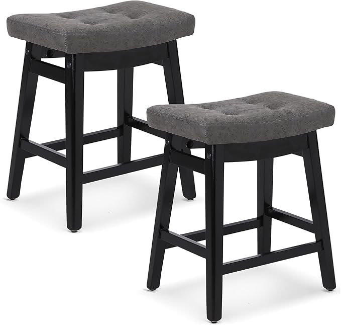 Counter Height Bar Stools Set of 2 for Kitchen Counter Farmhouse Modern Barstools with Faux Leather Upholstered Backless Seat and Solid Wood Legs 24 inch Bar Chairs, Grey + Black