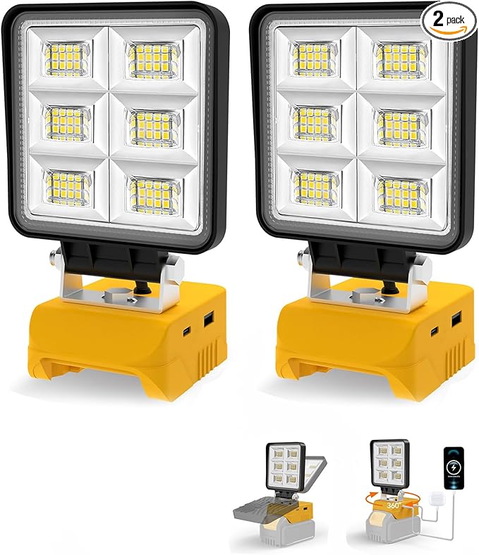 T-SUN Rechargeable LED Work Light, Portable Work Light Compatible with Dewalt 20V Battery, Cordless Flashlight Flood Light 52W 5200LM with USB &Type C Charger Port for Workshop, Garage Repair (2 Pack)