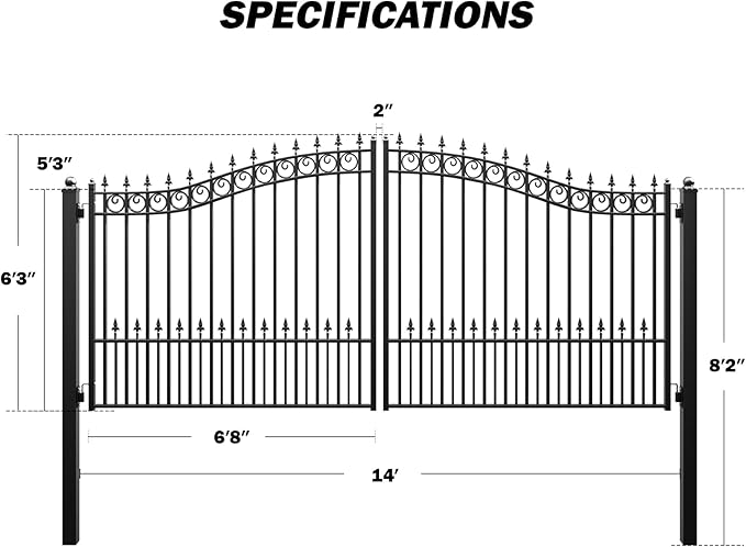 ZUMI Dual Swing Driveway Gates, 14x6 ft. Outdoor Steel Swing Gates for Driveway, Heavy-Duty Driveway Fence Gates for Home Security, Weatherproof Iron Security Gate Kit for Outdoor, Sydney