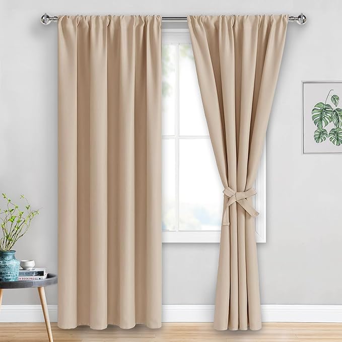 JIUZHEN Blackout Curtains for Bedroom - Thermal Insulated Room Darkening Rod Pocket Curtains for Living Room, Set of 2 Panels with Tiebacks, 38 x 84 Inch Length, Beige