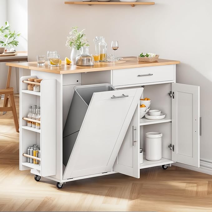 53.9" Rolling Kitchen Island Cart with Drop Leaf & Storage - Mobile Kitchen Organizer with Wheels, Rubberwood Top, Trash Bin Cabinet & Towel Rack, White Farmhouse Style for Small Spaces
