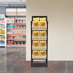4 Tiers Retail Display Rack, Single Row Wood Market Shelf Commercial Fruit and Vegetable Basket Stand Rack Set Snack Pantry Shelf Unit for Kitchen, Office, Store, Supermarket