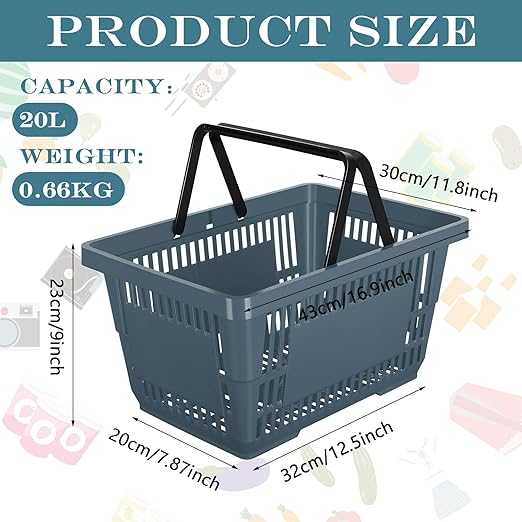 20 Pcs Bulk Shopping Baskets with Handles, 20 L Plastic Grocery Basket 16.9'' x 11.8'' x 9.1'' Portable Shopping Cart for Retail Stores Supermarket(Dark Gray)