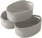 Woven Basket,Small Rope Storage Bin with Handles & Ribbon Bag, Organizer for Shelves Closets,Gift Basket Empty for Birthday,Books,Dog Toys, Grey/3 Pack