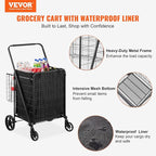 VEVOR Folding Shopping Cart with Removable Waterproof Liner, 330LBS Large Capacity Jumbo Grocery Cart with Dual Basket, 360° Swivel Wheels, Dense Metal Mesh Base, Heavy Duty Utility Cart for Shopping