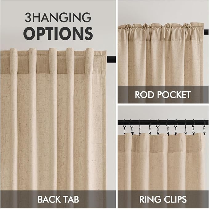 MIULEE Non-See-Through Privacy Linen Curtains 2 Panels, Light Filtering Window Curtains Farnhouse Textured Back Tab Semi Sheer Drapes for Bedroom Living Room, 52 x 108 Inches Long, Light Brown