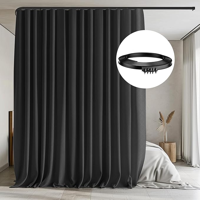 Room Divider Curtains with Flexible Ceiling Tracks Set,Blackout Curtain Ceiling Mount Curtain Track Privacy Room Dividers Ceiling Track Curtain Rod(Black Drape & Black Rail W 10 × H 8 FT)