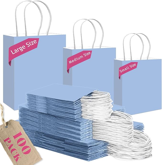 qiqee 100PCS Gift Bag with Handles Bulk Light Blue Paper Bags Assorted Sizes(33pcs Large 13",33pcs Medium 11",34pcs Small 8")