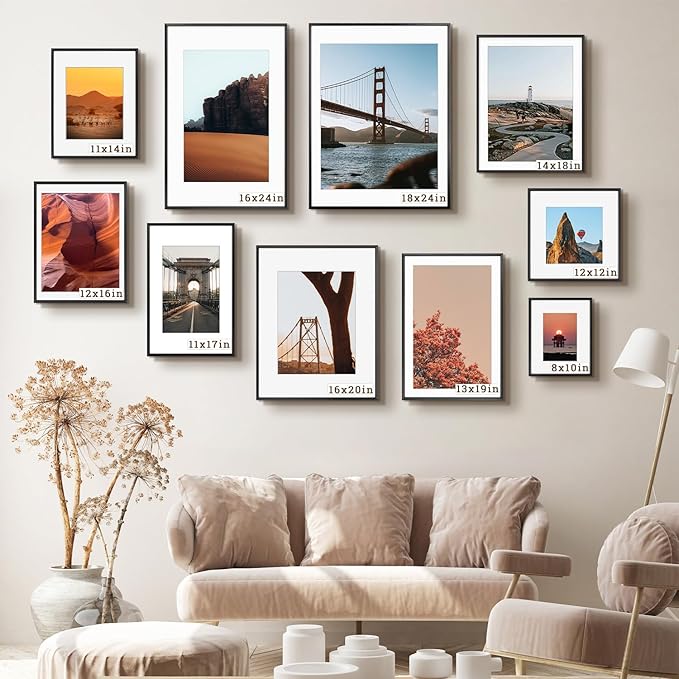 Frametory, 11x17 Metal Picture Frame with Mat for 8x12 Picture & Real Glass, Aluminum Photo Frame Collection (Black, 2 Pack)