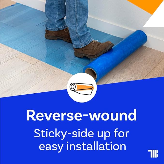 Floor Protection Film, 48 inch x 500' roll, Made in USA, Blue Self Adhesive Floor Protector for Moving and Construction, Temporary Covering for Protection of Hardwood, Tile, Hard Surfaces