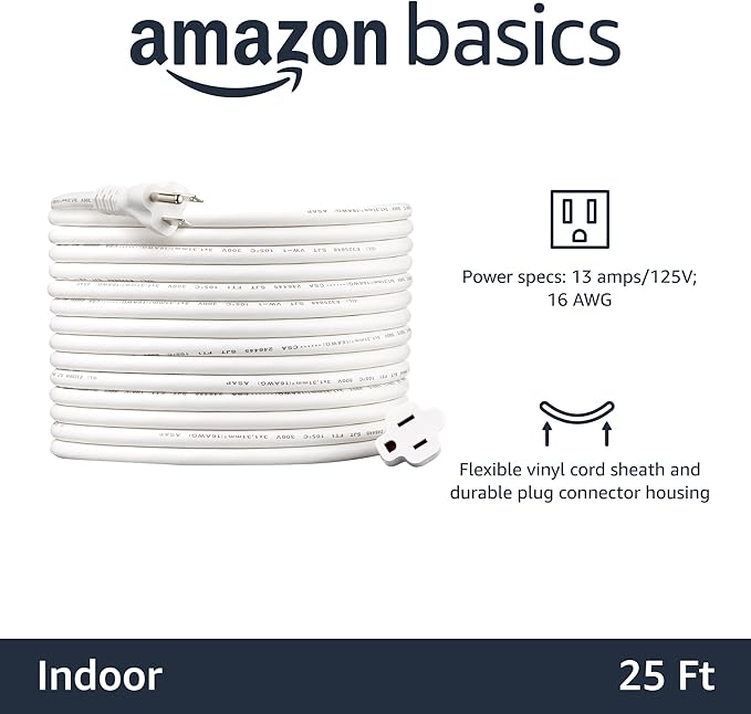 Amazon Basics Extension Cord, 25 Ft, 3 Prong Outlet Extender, Indoor Extension Cord, 13 Amps, 125V, White
