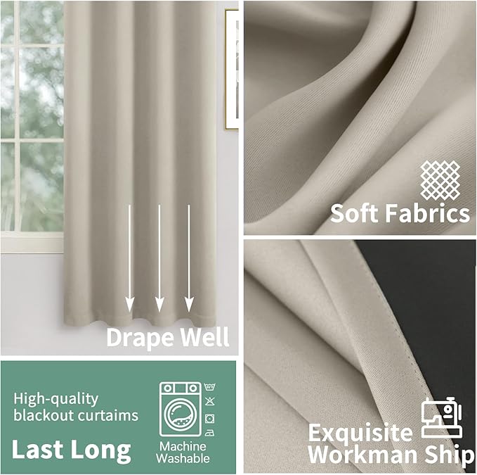 Camel 100% Blackout Curtains for Bedroom 63 Inch Length, Thermal Insulated Sun Blocking Window Curtains Soundproof Grommet Thick Heavy Drapes, Each 42 Inch Wide
