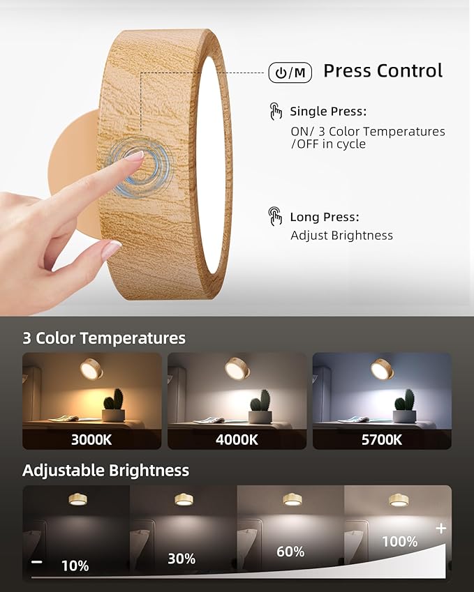 EZVALO LED Wall Mounted Lights, 5500mAh Rechargeable Wall Sconces Lamp, 3 Color Temps & Remote and Touch Control, 360°Rotation Dimmable Cordless Wall Light Burlywood (3 Pack)