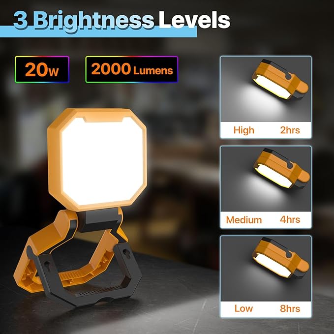 HYPERLITE Rechargeable Work Light - 2pack 40W 4000Lumens - Hanging Hook Folding Portable Magnetic Work Light - Mechnic Light for Car Repairing Camping Working and Hurricane (Yellow)