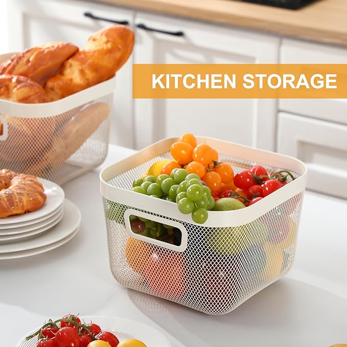 4 Pack Metal Mesh Basket with Hollow Handles White Wire Storage Bin for Organizing Stackable Metal Fine Mesh Basket for Pantry Bathroom Kitchen Cabinets Shelves (Medium and Large)