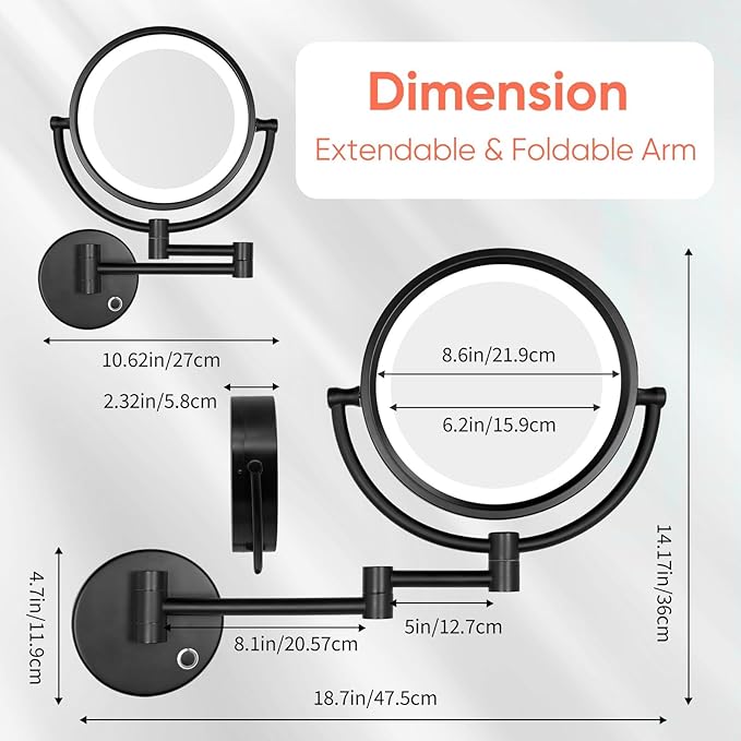 GURUN Wall Mounted Hardwired Makeup Mirror with 3 Tones LED Lights 10x Magnifying Mirror for Bathroom Bedroom 13" Extendable Arm Direct Wire Black Finish M1809DB(10x,Black)