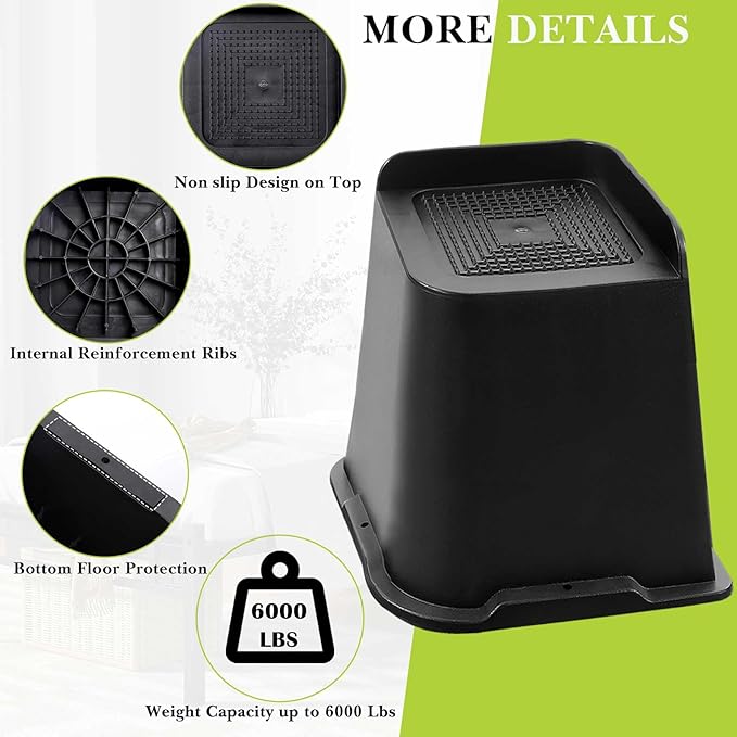 Bed Risers 2 inch, 3 inch, 4 inch, 6 inch, 8 inch Heavy Duty, Oversized Furniture Riser for Couch Sofa Table Chair Leg Frame Dorm, Support up to 6000 Lbs (Black 4 Pack, 6 inch-1)